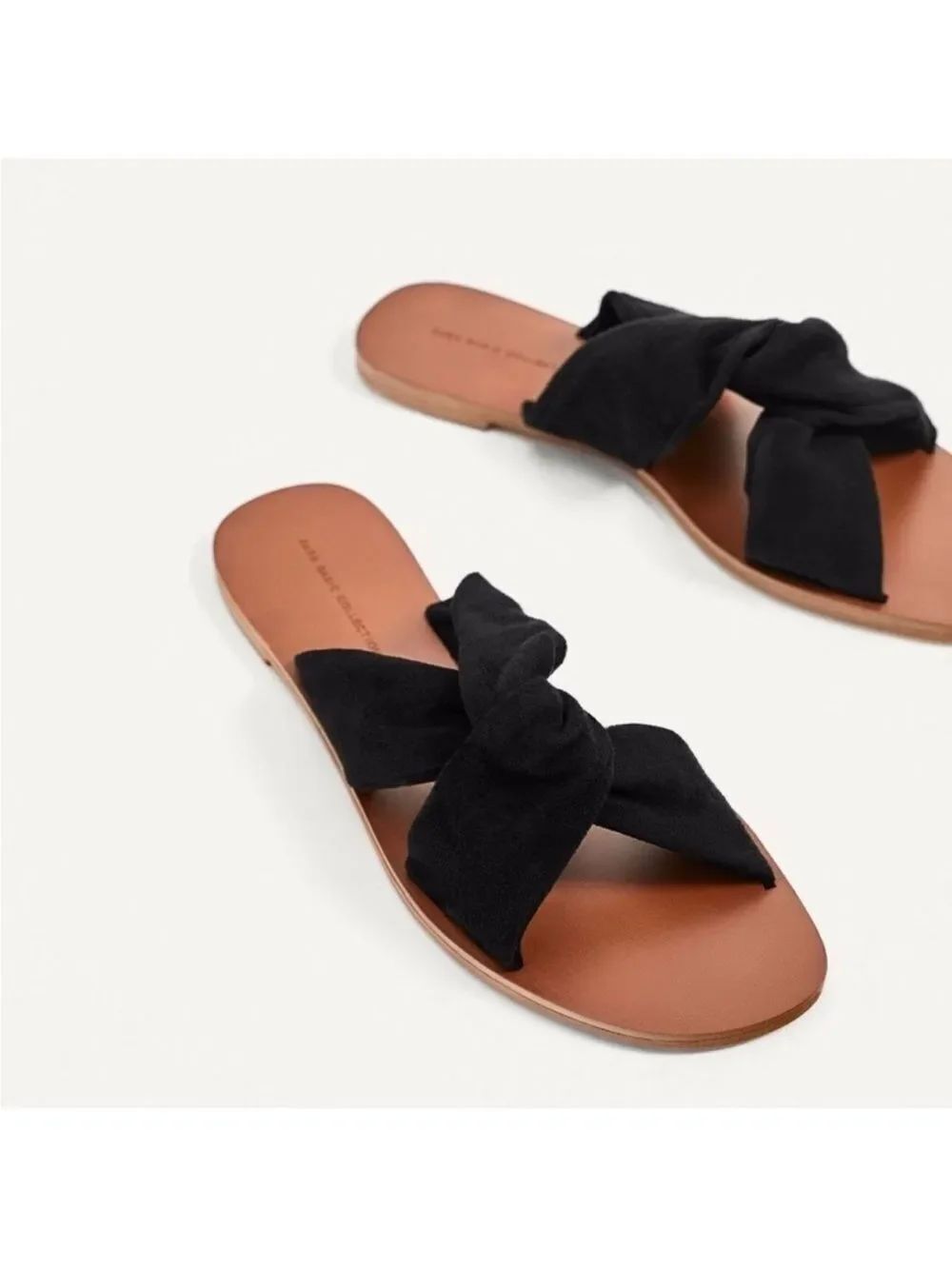 ZARA 38/7-7.5 Black Suede Flat Crossover Straps Knot Flat Slip on Sandals - Picture 2 of 14
